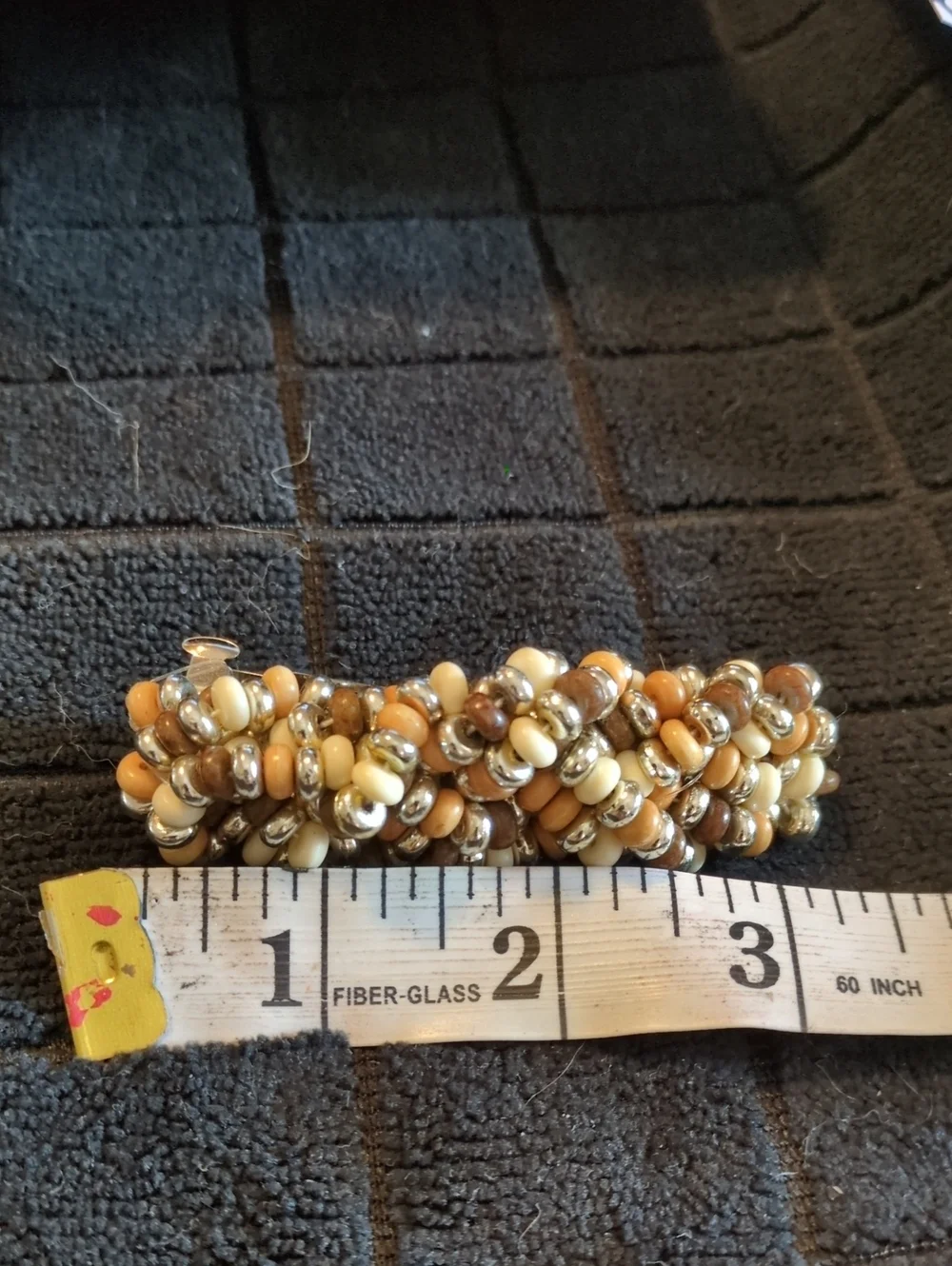 Handmade Beaded Barrette - Cream, Tan & Silver